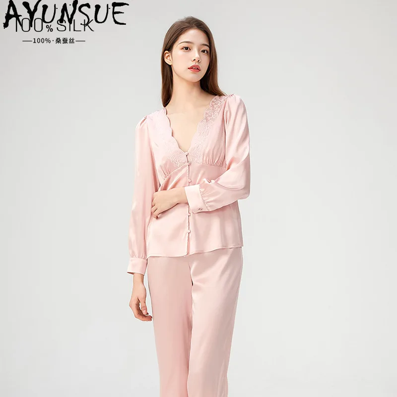 AYUNSUE 100% Silk Women's Pajamas Light Luxury Pajama Sets Long Sleeve Top Long Pants Womens Matching Sets Spring Пижама Женская