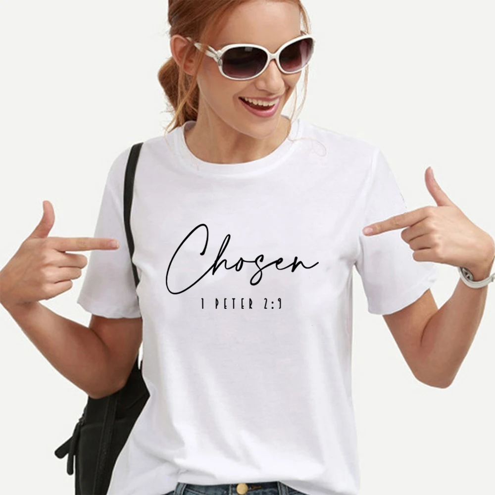 Chosen 1 Peter 2:9 T-Shirt Christian Shirts Faith T Shirt Religious Clothing Women Short Sleeve Tshirts Bible Verse T-shirt Top