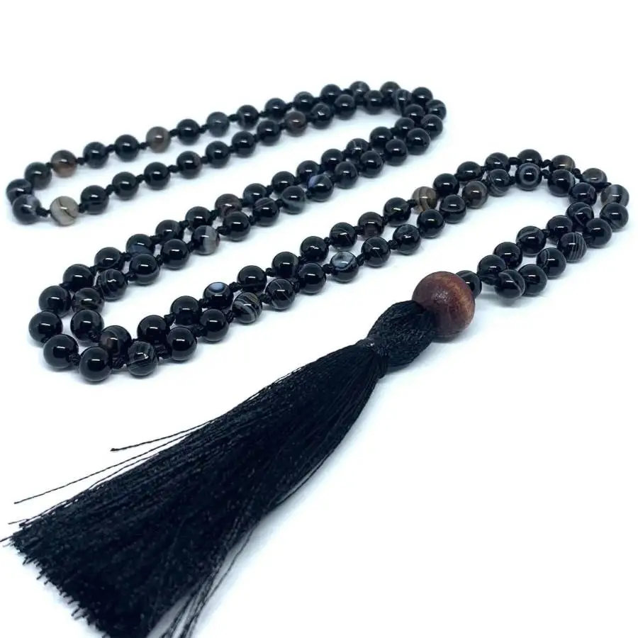 

Natural Black Onyx 108 Beads Mala Necklace with Black Tassel Spiritual Meditation Jewelry