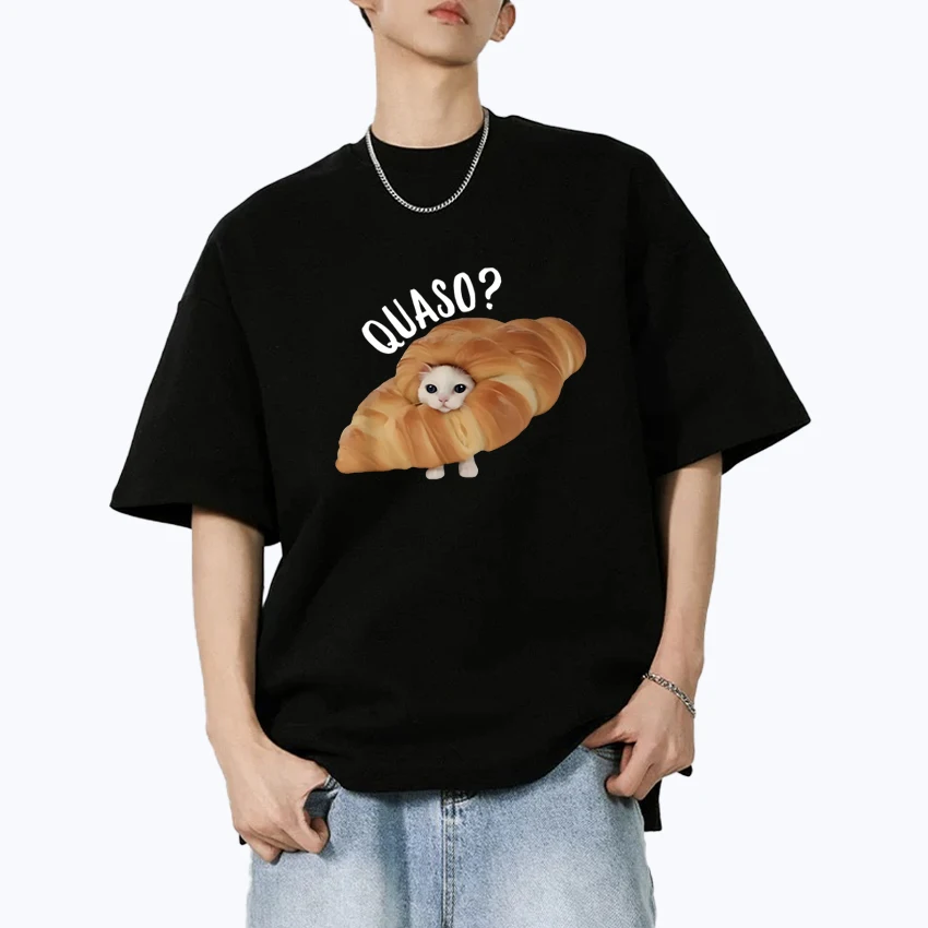 

Cute Kawaii Croissant Cat Meme Graphic Men Women Oversized t-shirt 100% Cotton Fashion short sleeve t-shirts Unisex clothing