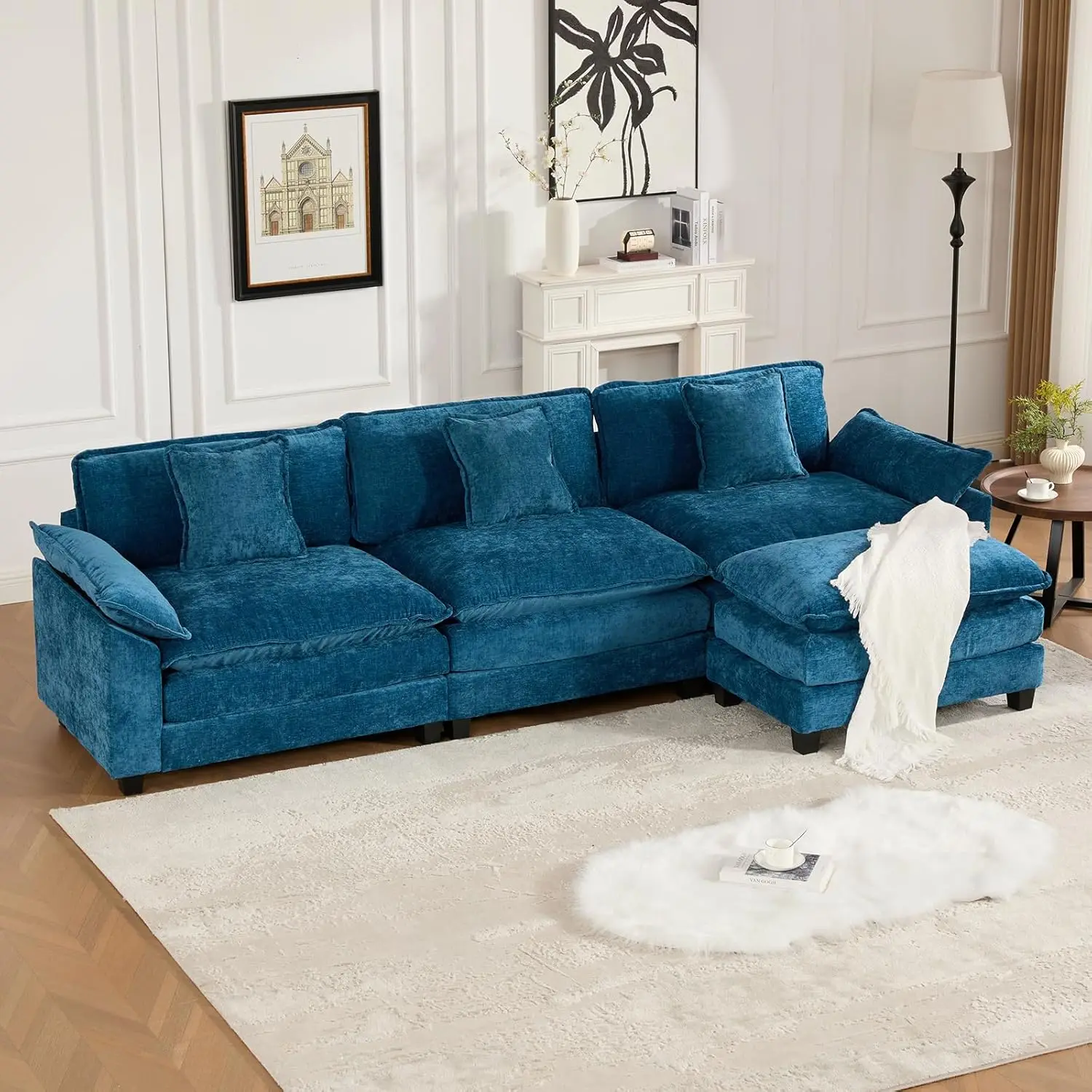 117.9" Modern Sectional Couches for Living Room, Blue Chenille Comfy Cloud Couch Sectional, 3 Seater Couch for, Customized