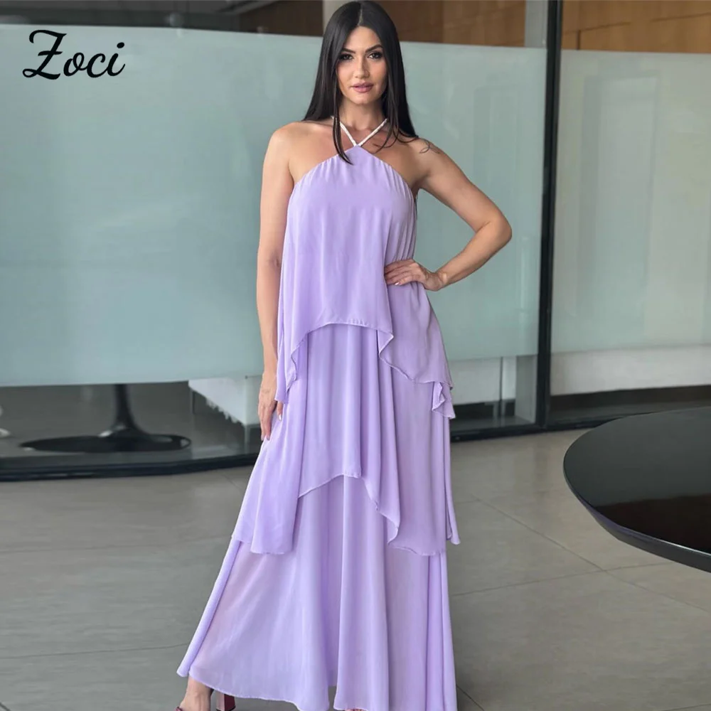 

Zoci Elegant Halter Lavender Prom Dresses Sleeveless Chiffon A Line Formal Party Dress Ruffles Tiered Customized Evening Gowns