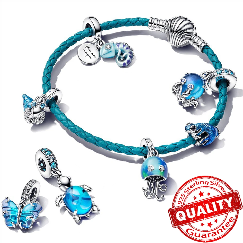 สร้อยข้อมือแบบใหม่สำหรับฤดูร้อน925มหาสมุทรเงินสเตอร์ลิงสีฟ้า Murano ทำจากแก้วรูปช้าง & ปลาหมึก & เต่าและผีเสื้อ