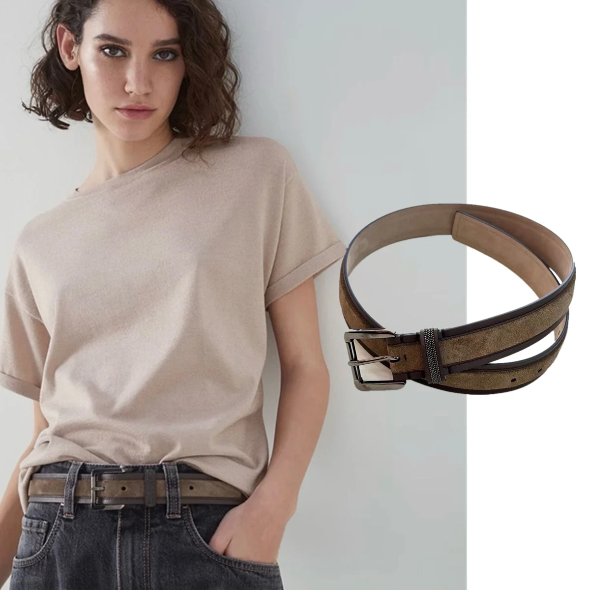 

Maxdutti Fashion Ladies Italian Imported Cowhide Belt Minimalist And High-Quality Copper Leather Belt Women