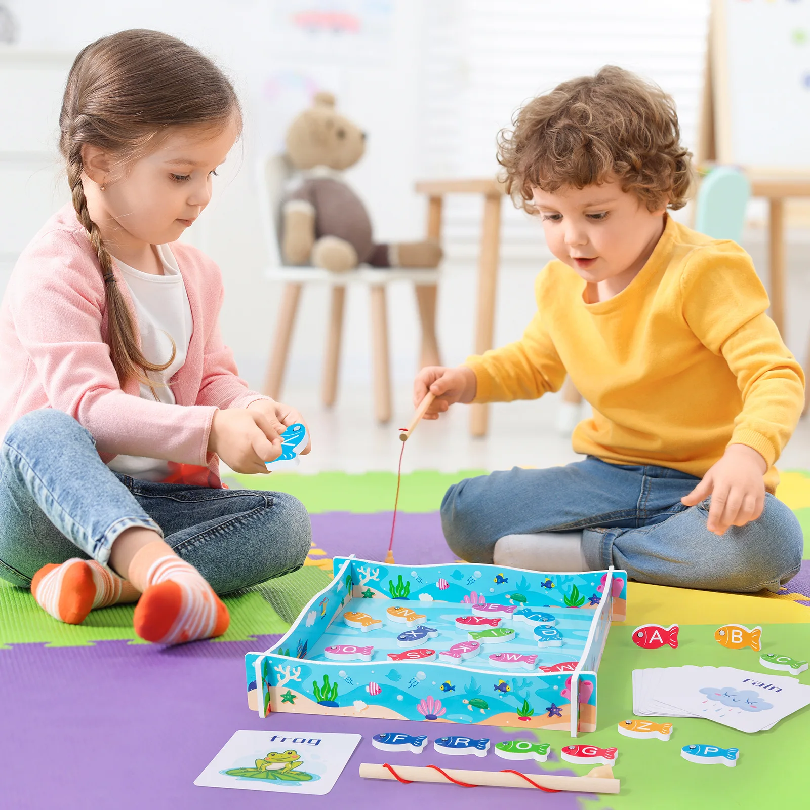 Children Puzzle Early Education Wooden Magnetic Fishing Toys Creative Spell Words Cognitive Matching Desktop Game Fishing Toy