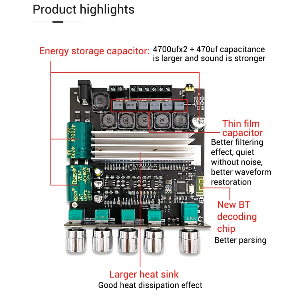 ZK-TB22 2.1 channel bluetooth audio power amplifier board module tweeter subwoofer TWS true wireless TPA3116 50WX2+100W