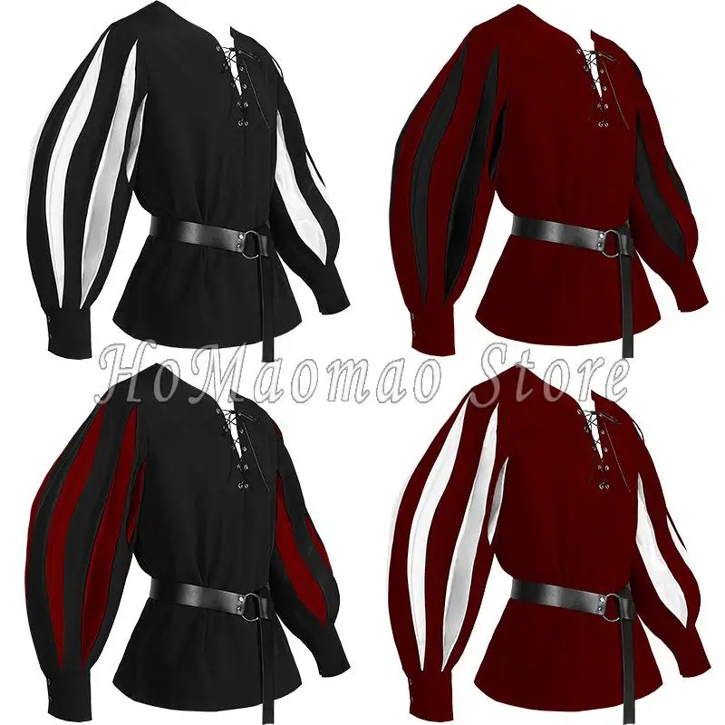Medieval Shirt Men's Nordic Pirate Costume Colored Tie Up Collar Role Playing Top Vampire Victoria Steampunk Gothic Top