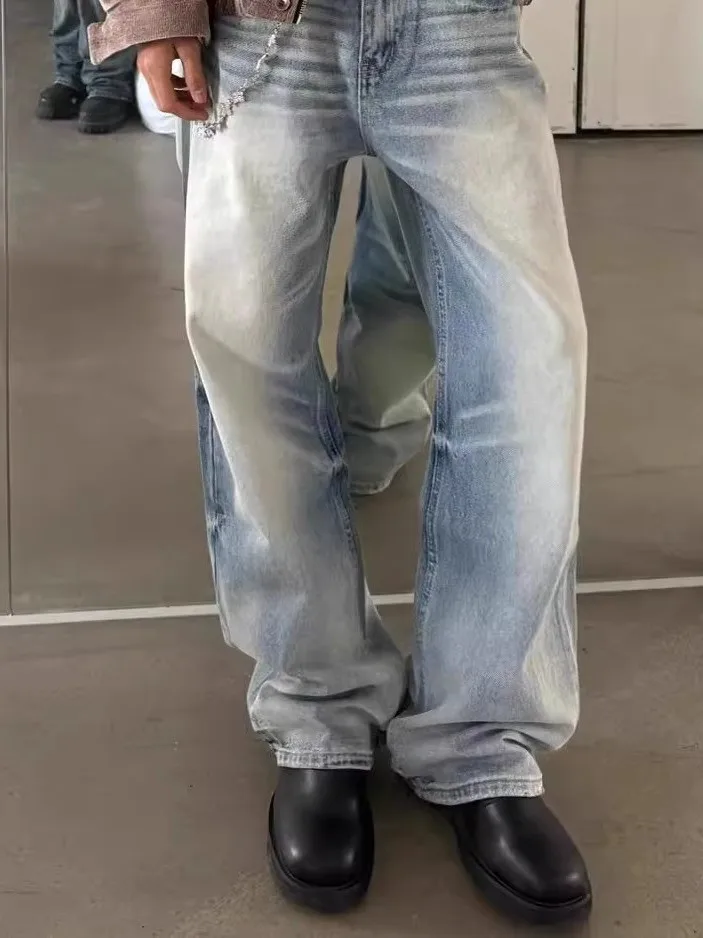 

Washed Blue Straight Leg High Street American Retro Loose Cleanfit Jeans A-Line Style Casual Wear for Teenagers All Seasons