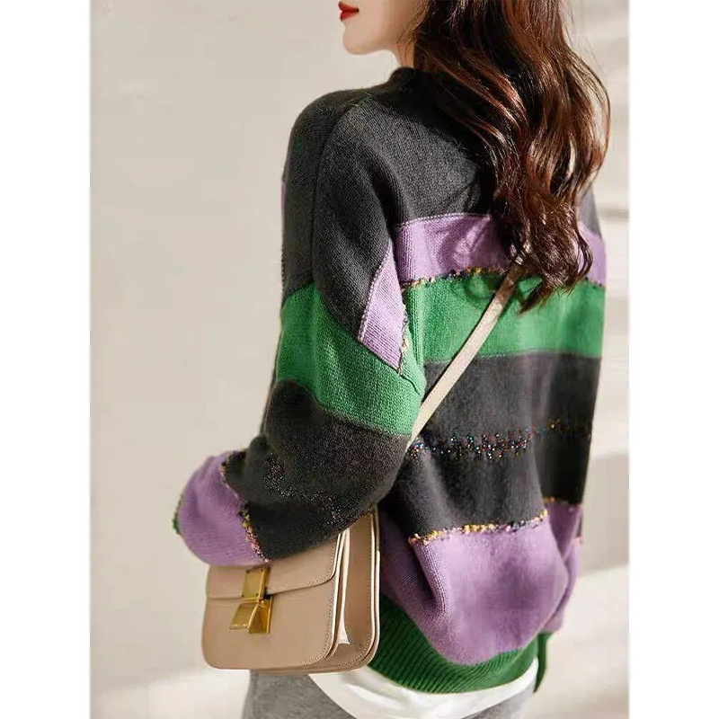 Autumn and Winter Fashion Korean Edition Spliced Colored Striped Round Neck Loose and Versatile Western Women\'s Knitted Sweater