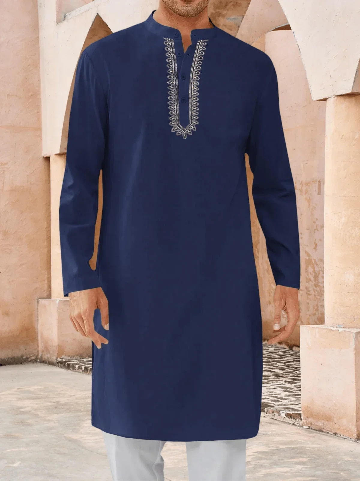 

Mens Kaftan Thobe Henley Shirt Long Sleeve Embroidered Casual Robe