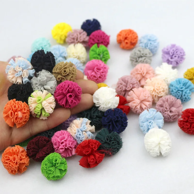 50Pcs 25mm Lace Pom Pom Balls Art Gauze Elastic Flower Pompoms DIY Craft Scarf Shoes Hats Fur Headwear Hair Clip Bow Accessories