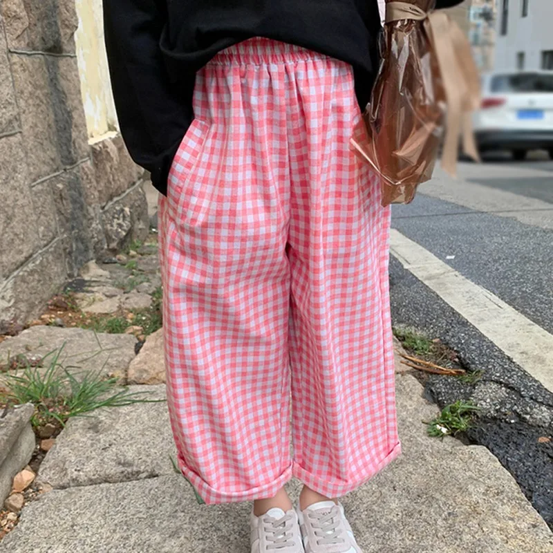 3-8T Spring Summer Baby Girls Soft Plaid Pants Toddler Sweet Long Pants Fashion Stylish Plaid Pants Elastic Waist Wide Leg Pants