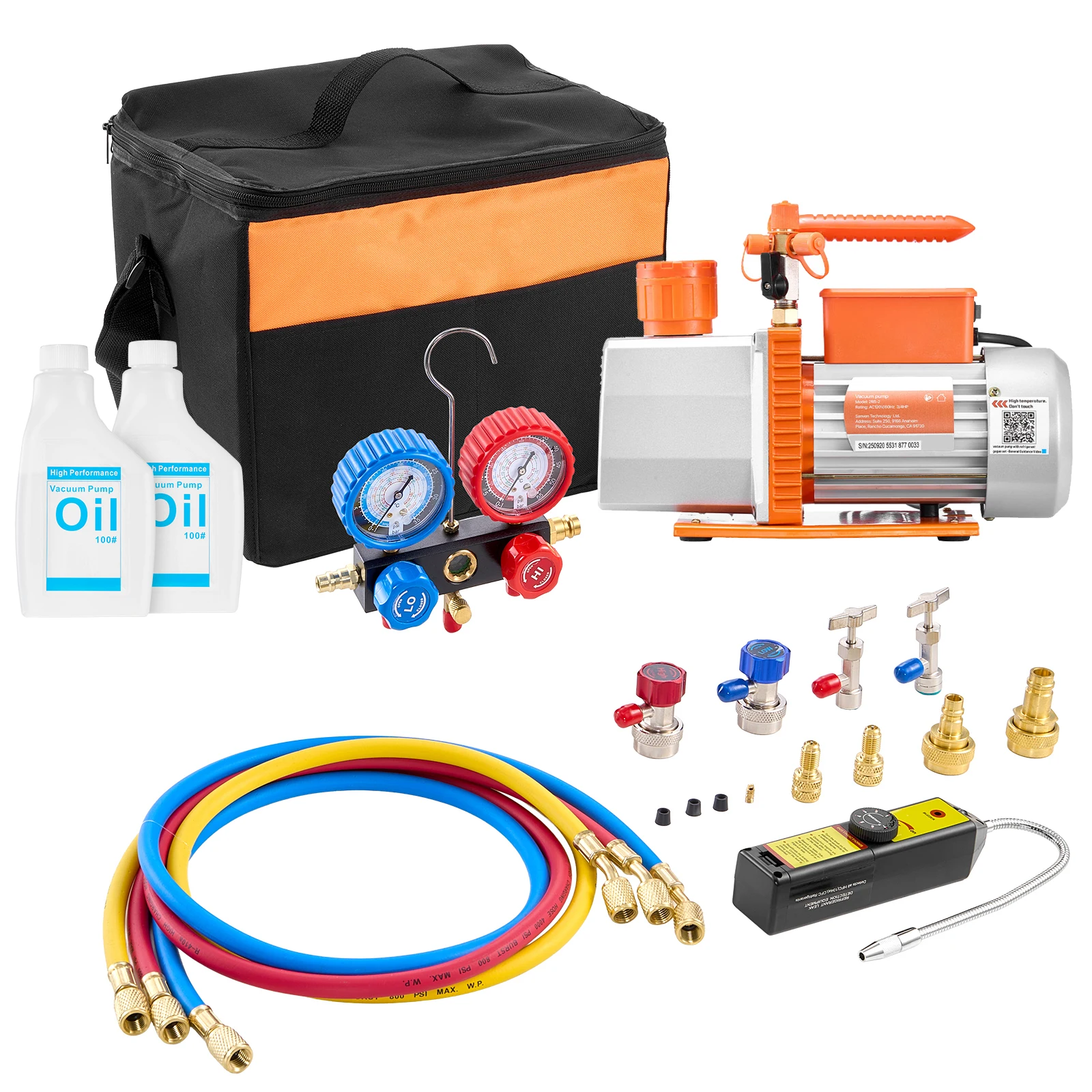 AC Vacuum Pump and Gauge Set, 7 CFM 3/4 HP, Designed for R134a R22 R410a, Two Stage Rotary Vane HVAC Vacuum Pump, A/C Manifold Gauge Kit, Featuring Leak Detector Carry Bag Hose