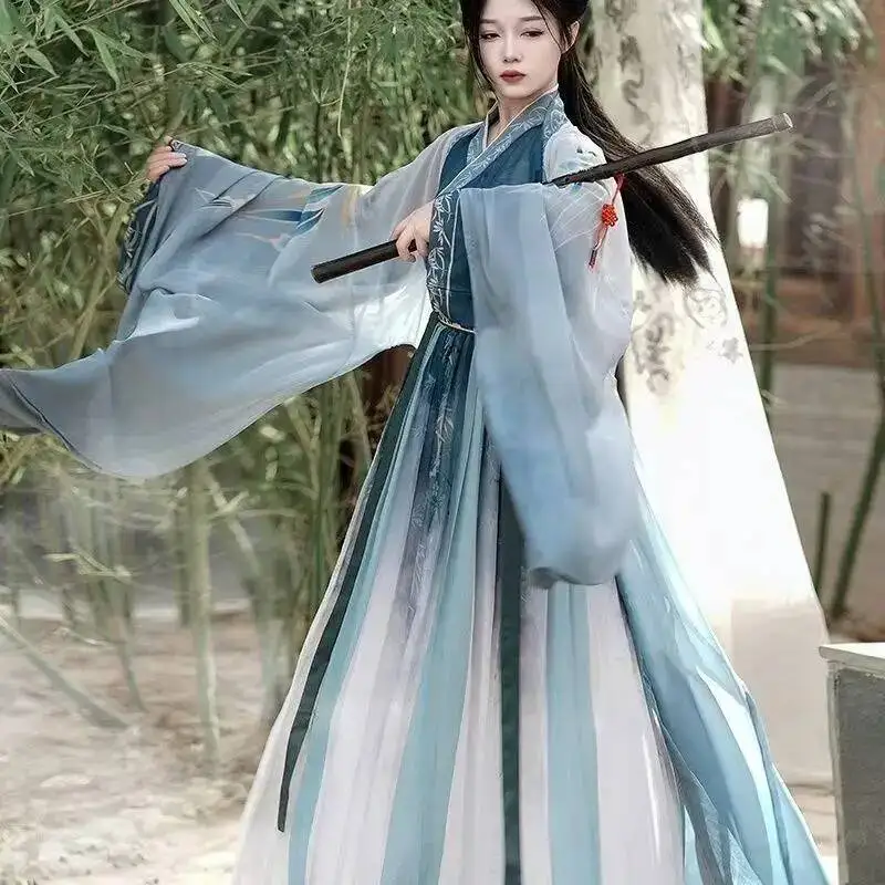 

Women Traditional Bamboo Elements Printing Costume Stylish Halloween Wuxia Swordsman Suit Chinese Song Dynasty Hanfu