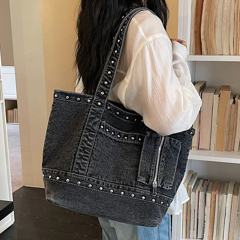 Korean Retro Rivet Denim Shoulder Bags for Women Large Capacity Ladies Casual Tote Simple Thread Design Student Class Handbag