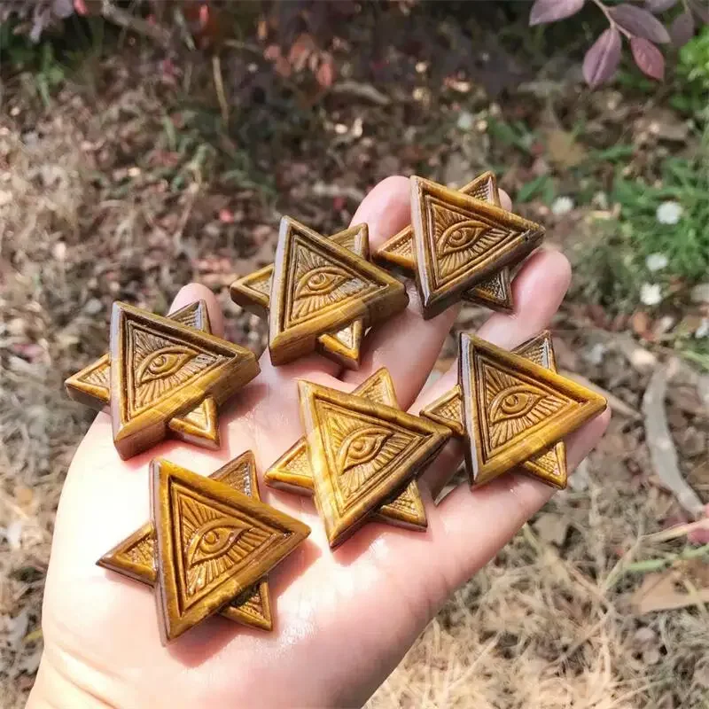 

Natural Tiger Eye Stone All-seeing Eye Of A Hexagram Pendant Carved Ornaments Stone Figurines Gemstones Home Decorate 1pcs