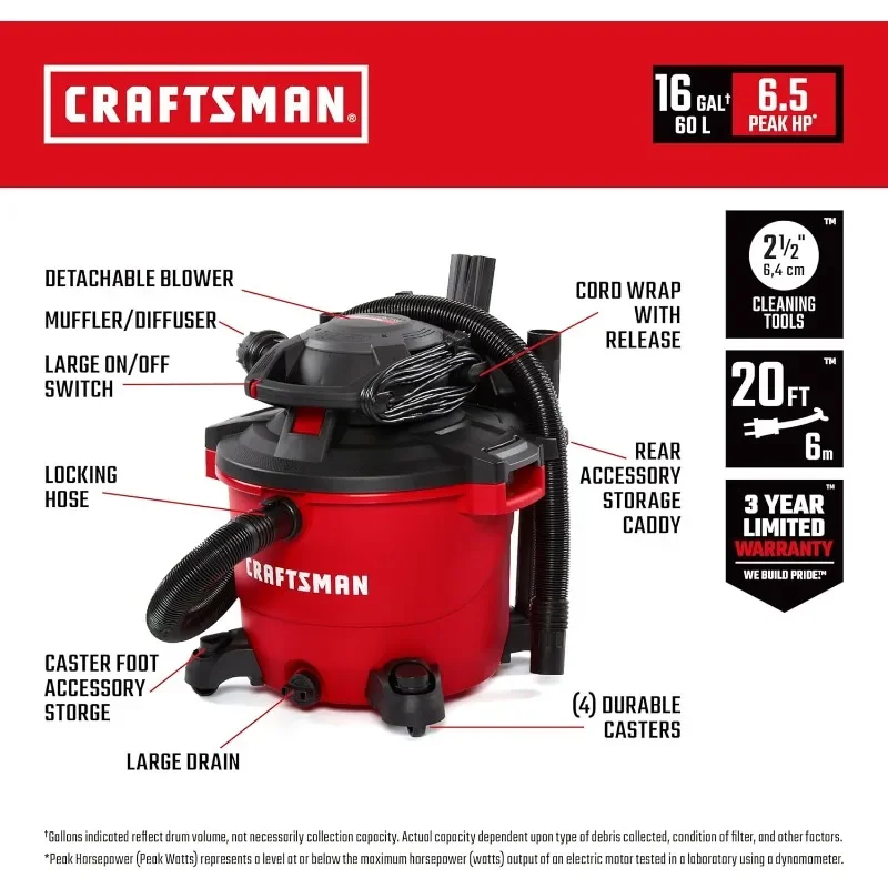 CRAFTSMAN CMXEVBE17607 16 Gallon 6.5 Peak HP Wet/Dry Vac with Detachable Leaf Blower, Heavy-Duty Shop Vacuum with Attachments