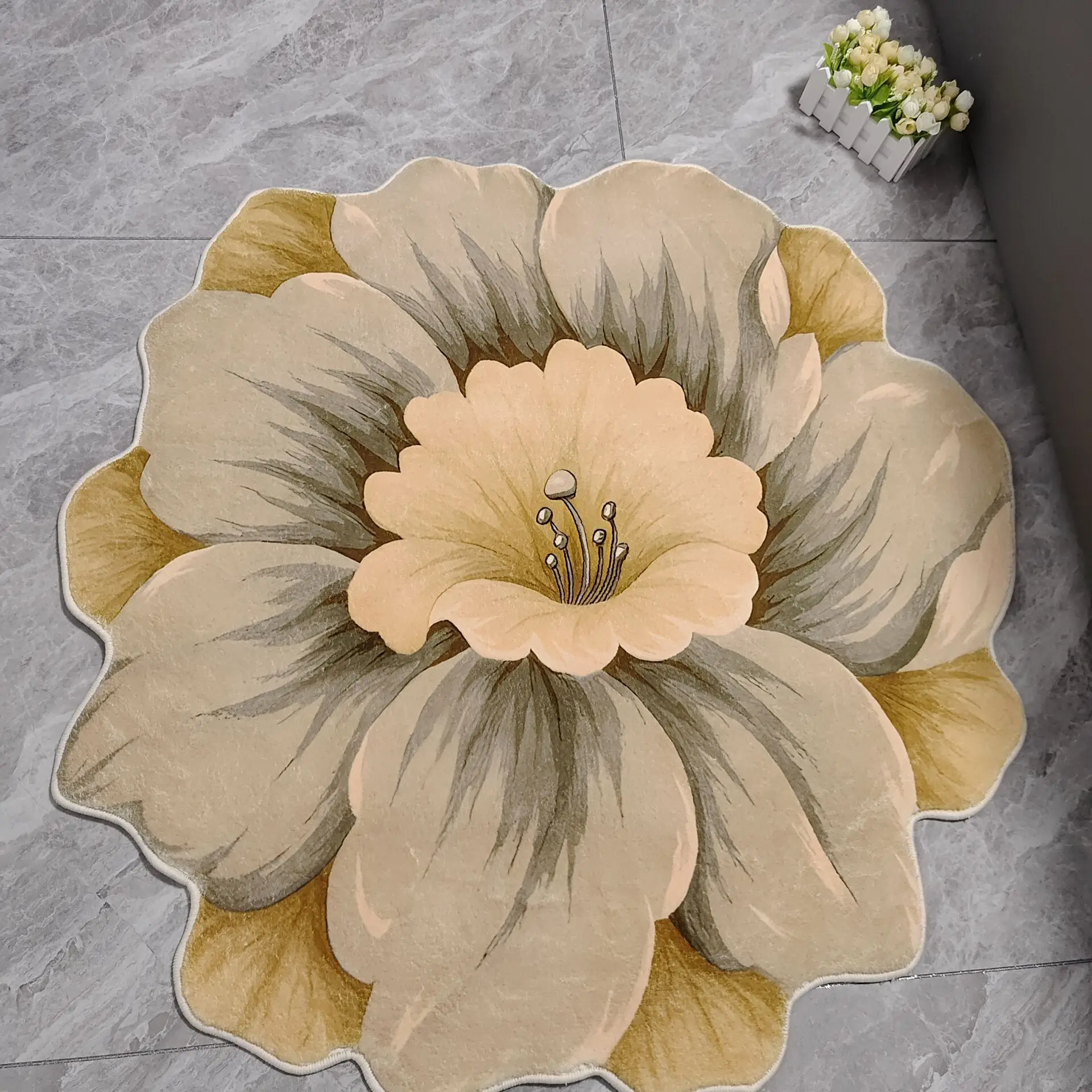 Ins Nordic American Artificial Cashmere Rug Shaped Flower Bedroom Bedside Carpet Cloakroom Dressing Table Non-slip Mat Decorate