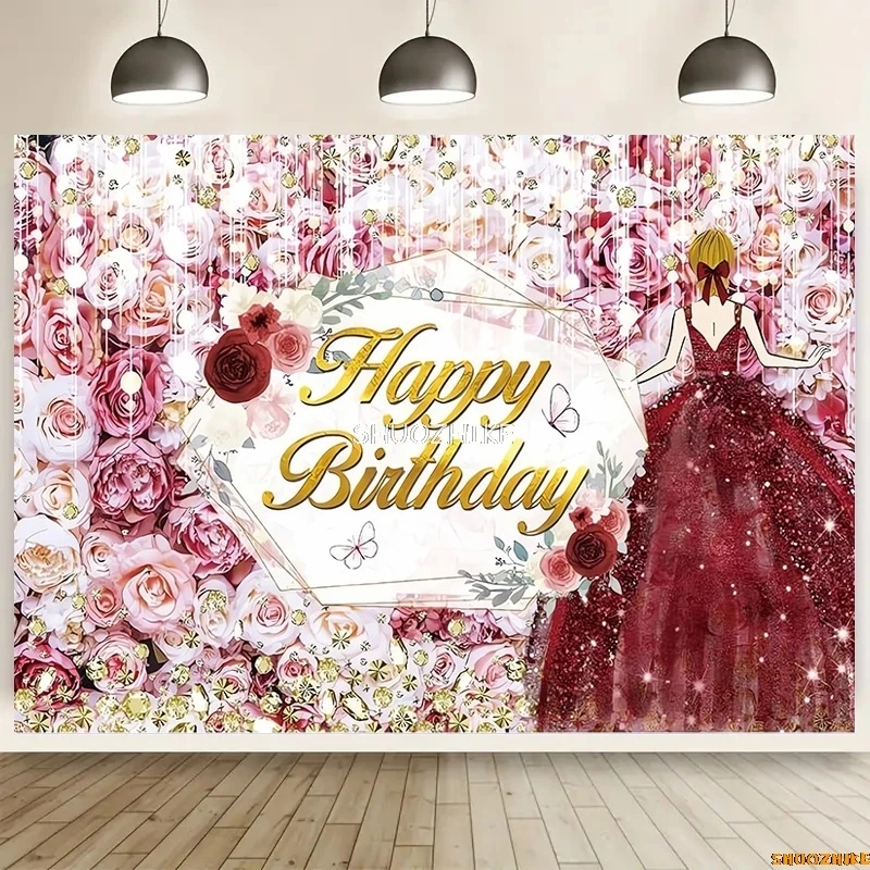 

SHUOZHIKE Happy Birthday Photography Backdrops For Girl Quinceanera Pink Rose Gender Reveal Studio Background Props VV-115