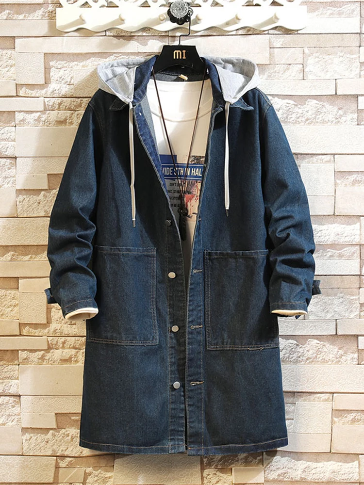 

Retro Hip Hop Sle Men's Denim Jaet Spring Autumn Loose Fit Hooded Medium Length Coat Casual Trendy Brand Outerwear