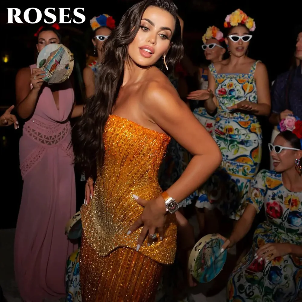 

ROSES Tangerine Prom Dresses Strapless Sleeveless Celebrity Dresses Mermaid Glitter Sequin Evening Dresses Gorgeous Customized