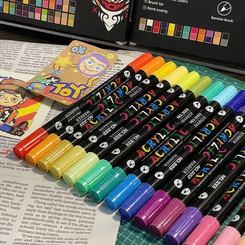 Professionelle 48-Farben Acryl-Marker für Kunst, Doppelspitze mit Feiner und Pinselspitze, Geeignet für Stein, Holz, Kalligraphie