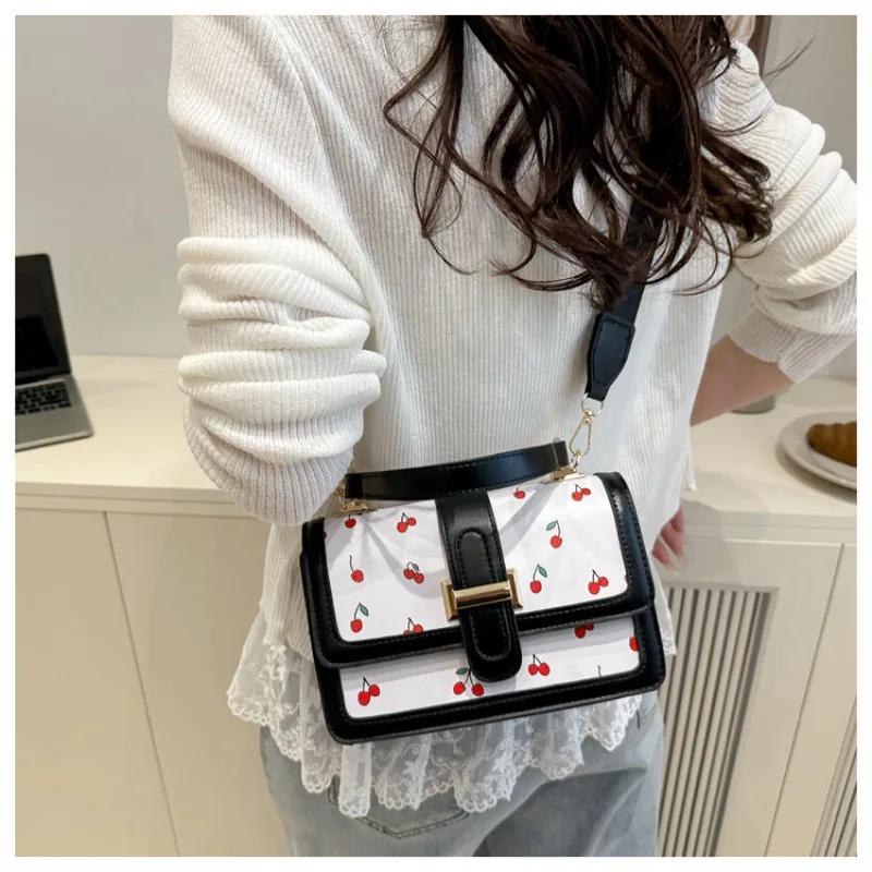 

Fashion Sweet Cherry Print Small Square Bag for Women, Contrast Color Luxury Texture Shoulder Crossbody Handbag