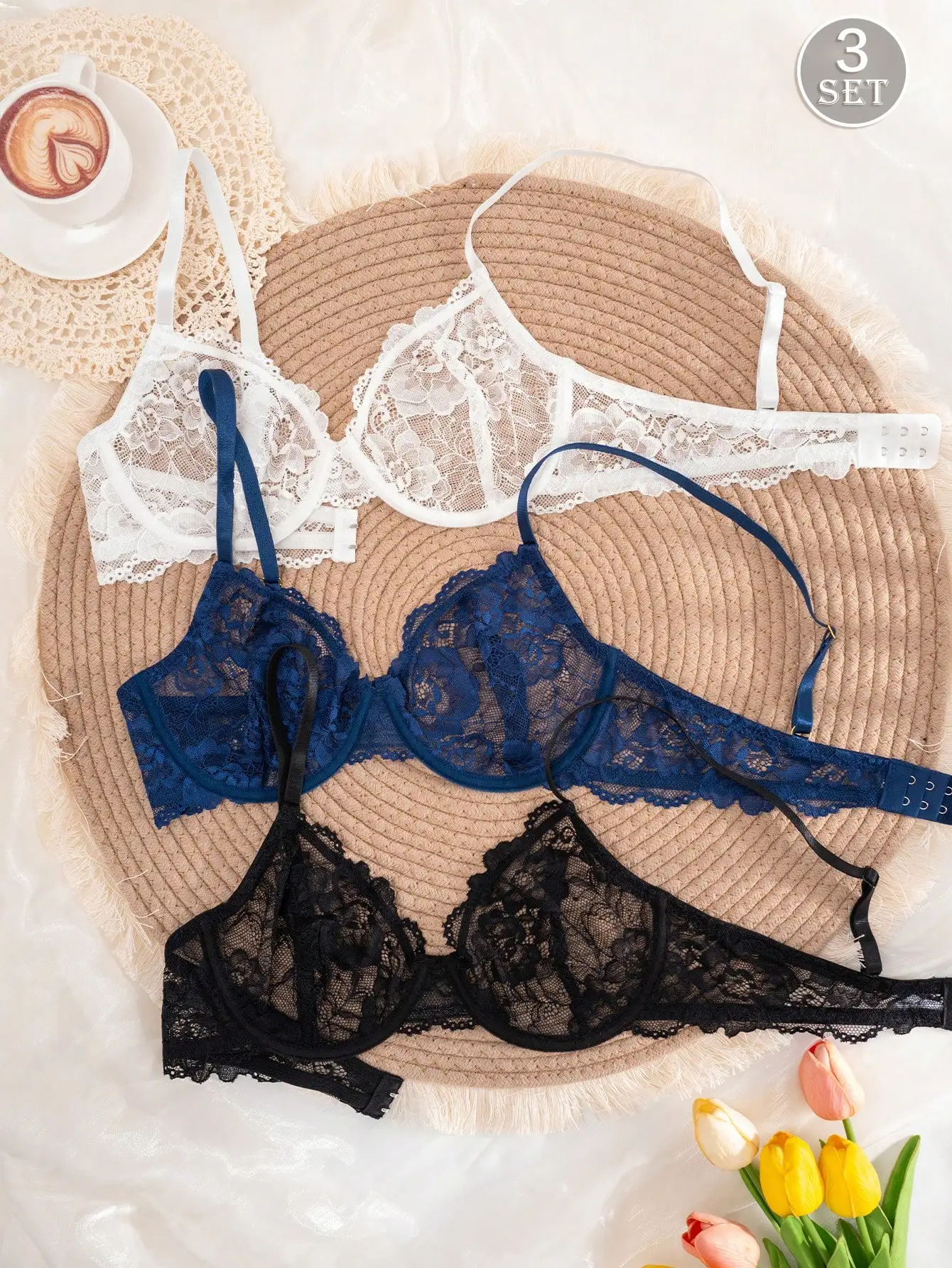 Paquete de 3 sujetadores de encaje con aros para mujer en blanco, azul marino y negro - Copa delgada, tirantes ajustables