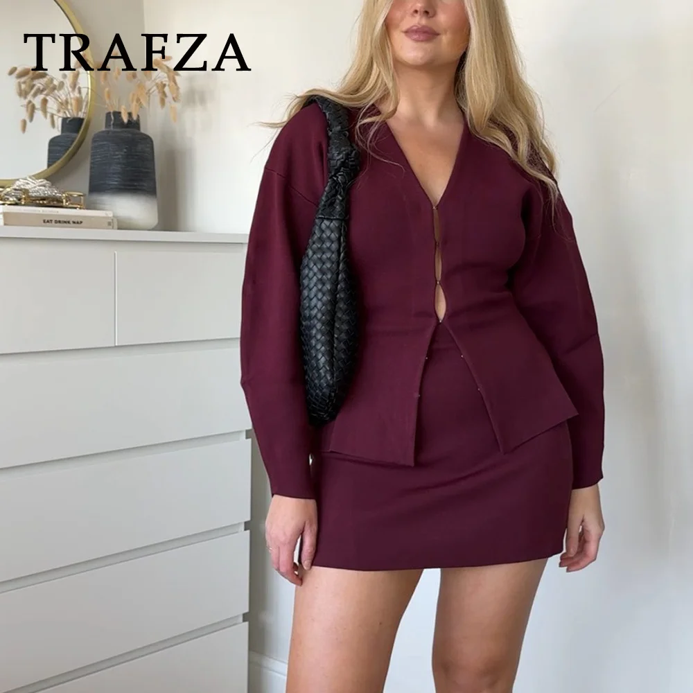 TRAFZA 2025 Autumn Winter Streetwear Women Knitted Suits Fashion Elegant V Neck Single Breasted Shirts+Chic Mini Skirts