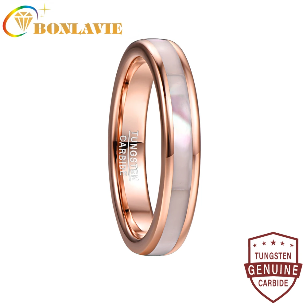 BONLAVIE 4mm Tungsten Carbide Ring Women\'s Rose Gold Color Tungsten Steel Ring with Mother of Pearl Shell Comfort Fit Size 5-10