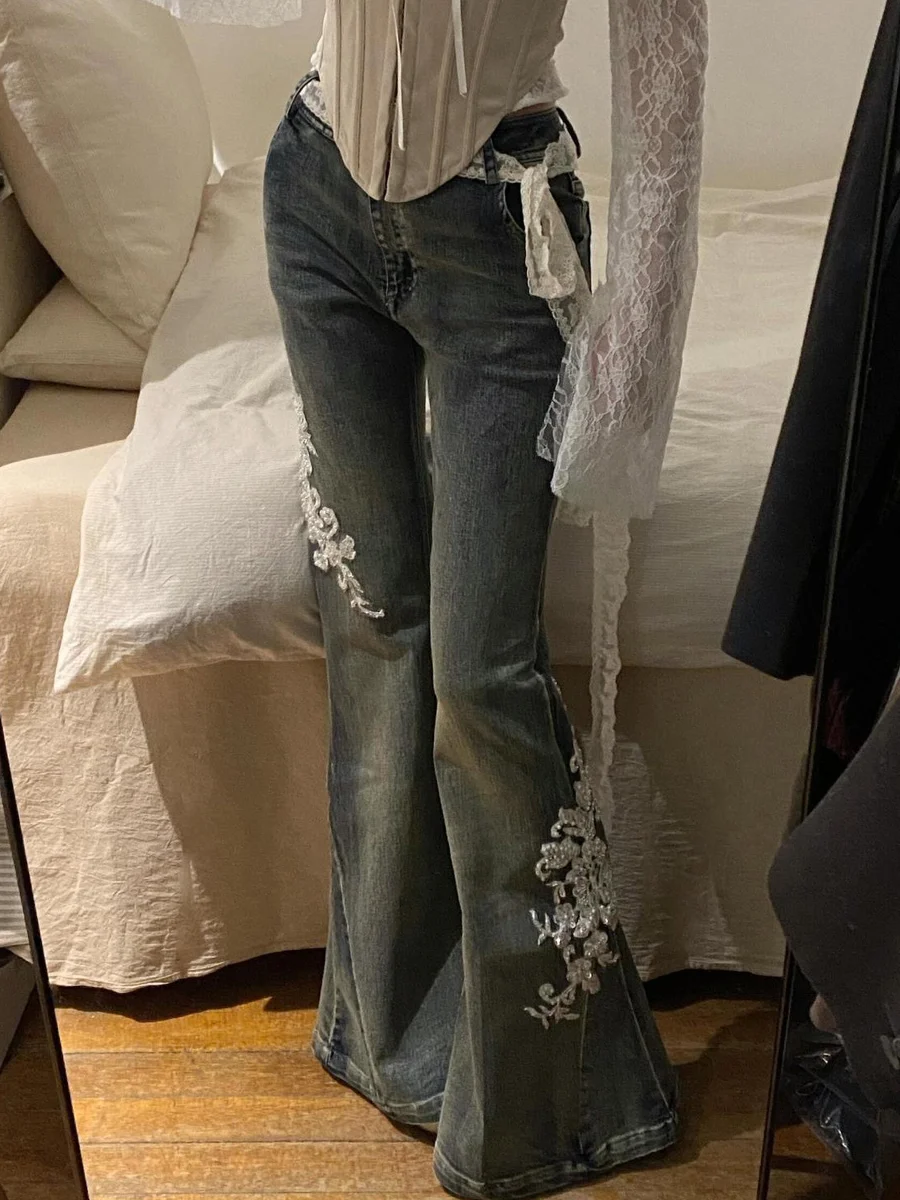 

Retro American Waed Embroidered Flared Jeans Women's Spring New Sle Slimming Wide Leg Long Pants High Waist Denim