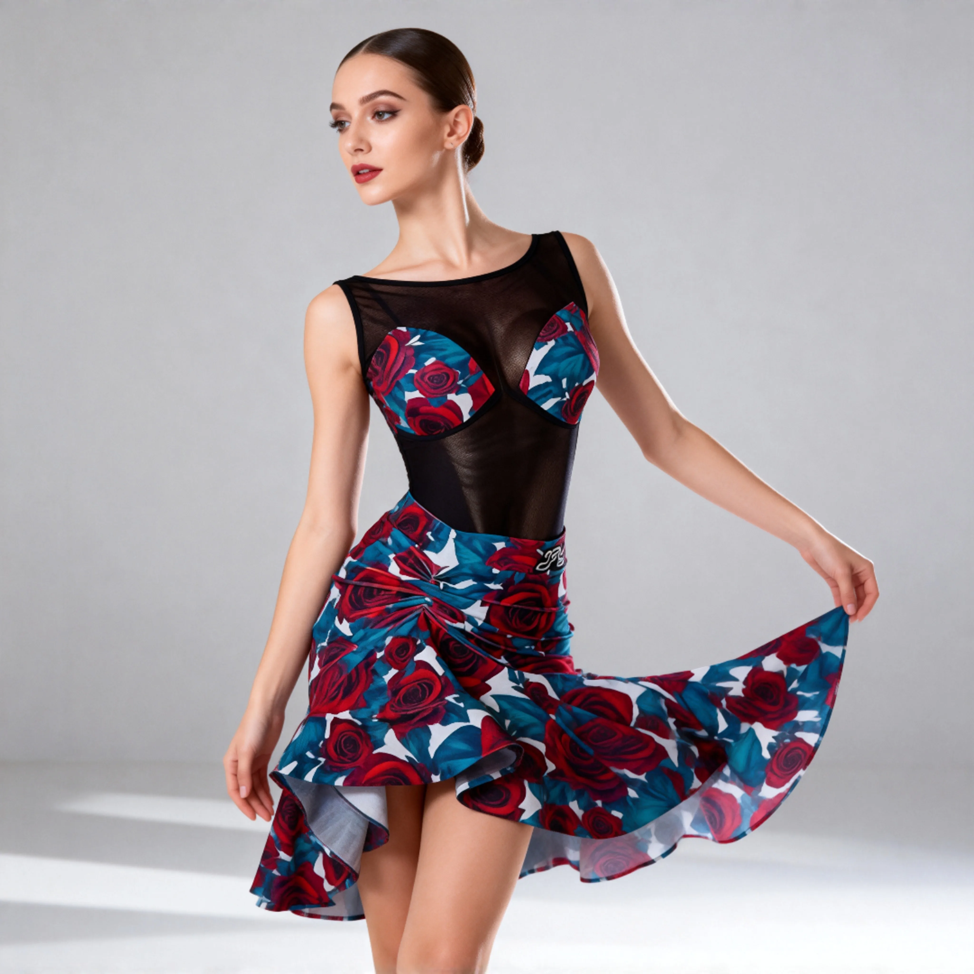 

2026 Rose Print Suit Latin Dance Competition Costumes Women Mesh Jumpsuit Fishbone Skirt Samba Dance Performance Clothes DN21427