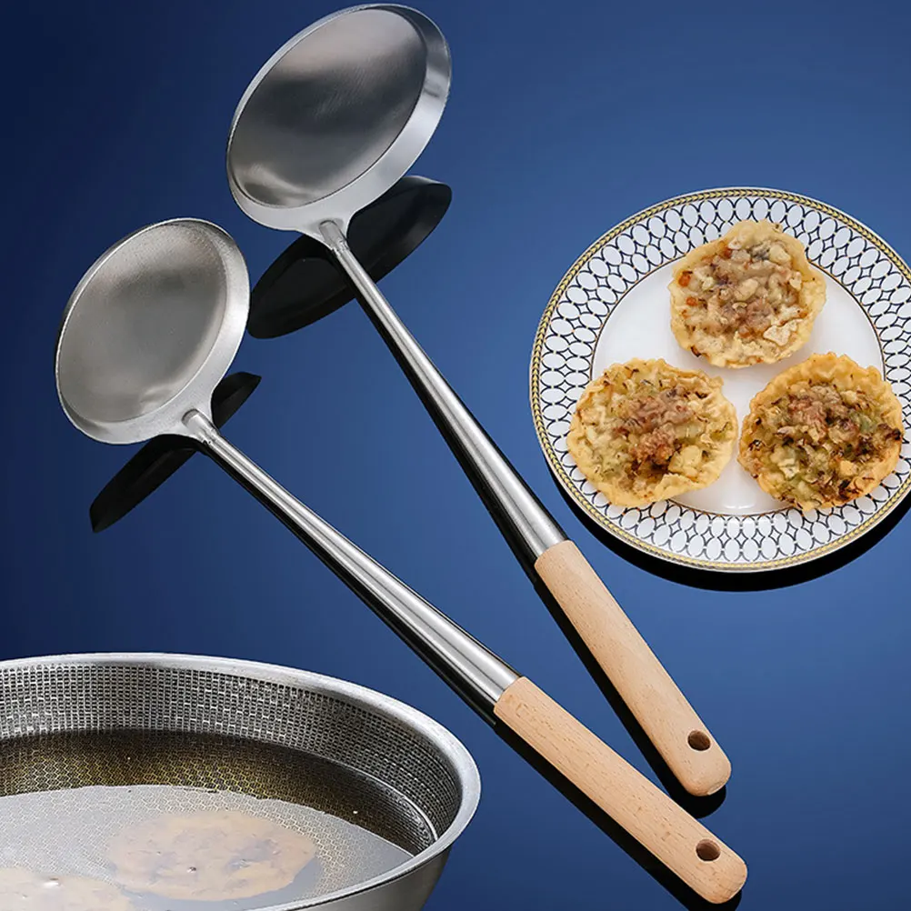 

Ложка для жарки еды, блинная длинная ручка, противоожоговые кухонные ложки, деревянная фритюрница, совок из нержавеющей стали, практичный инструмент для закусок