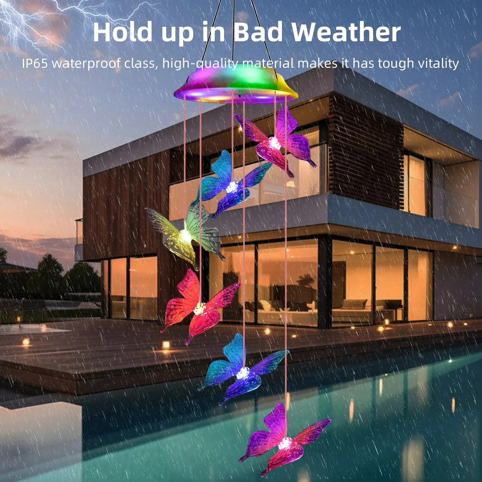 Outdoor Waterproof and Color Changing Solar Butterfly Wind Chimes, Christmas Garden Decorative Gifts