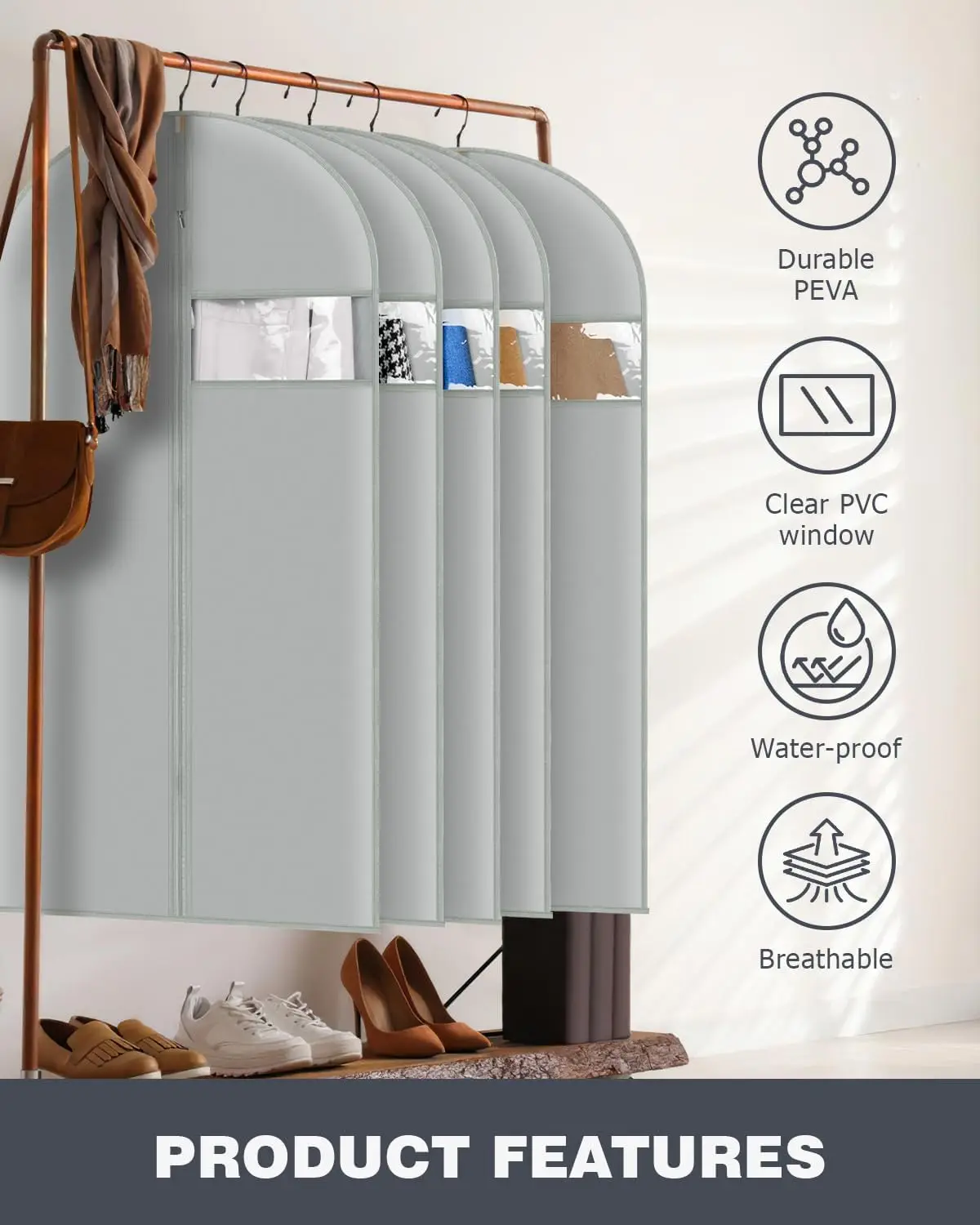 Thick Garment Suit Hanger Cover Bag with Zipper, Closet Storage Dust Coat Cover for Hanging Clothes, Breathable Dress Gown Bag