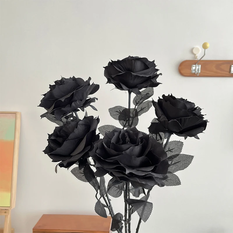 YOMDID 5Pcs Silk Black Rose Artificial Flower Head Bouquet Home Living Room Wedding Halloween Chritmas Decor New Year Decoration