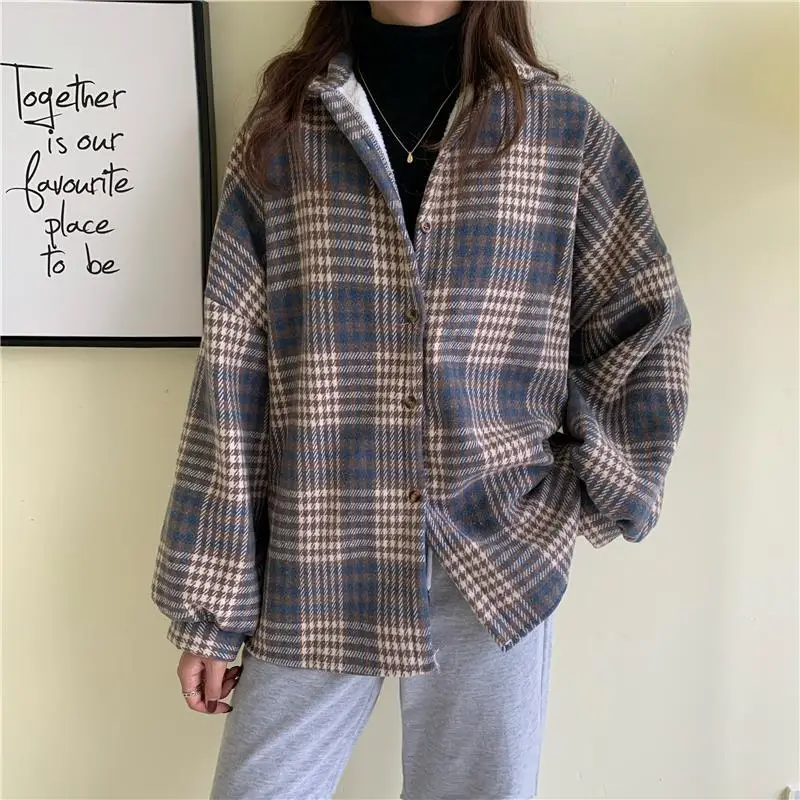 MEXZT Vintage Harajuku Thick Plush Warm Plaid Shirts Women Autumn Winter Loose Long Sleeve Casual Blouse Korean Y2k Tops New