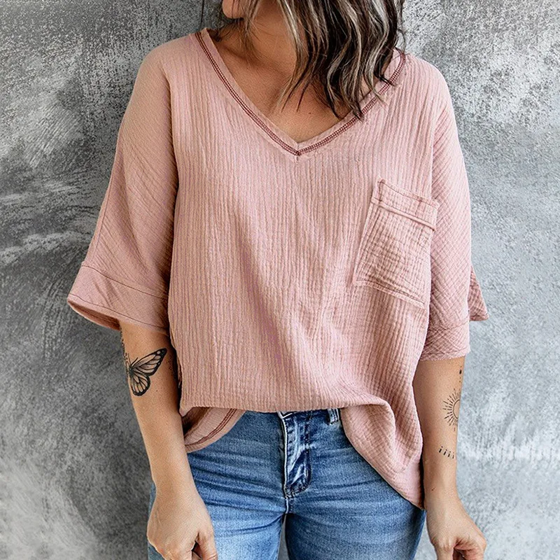 

2025 Chiffon Shirt Women's Summer Solid Color V Tie Pocket Five Quarter Sleeve Women's Top