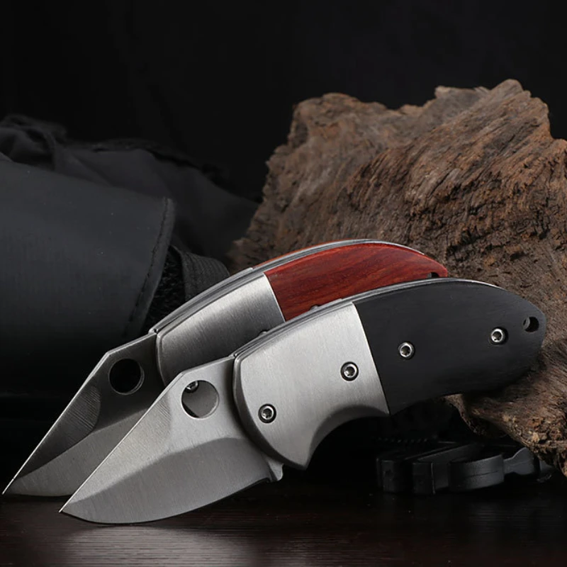 New outdoor stainless steel redwood handle folding knife, mini portable pocket pocket knife, edc self-defense survival knife