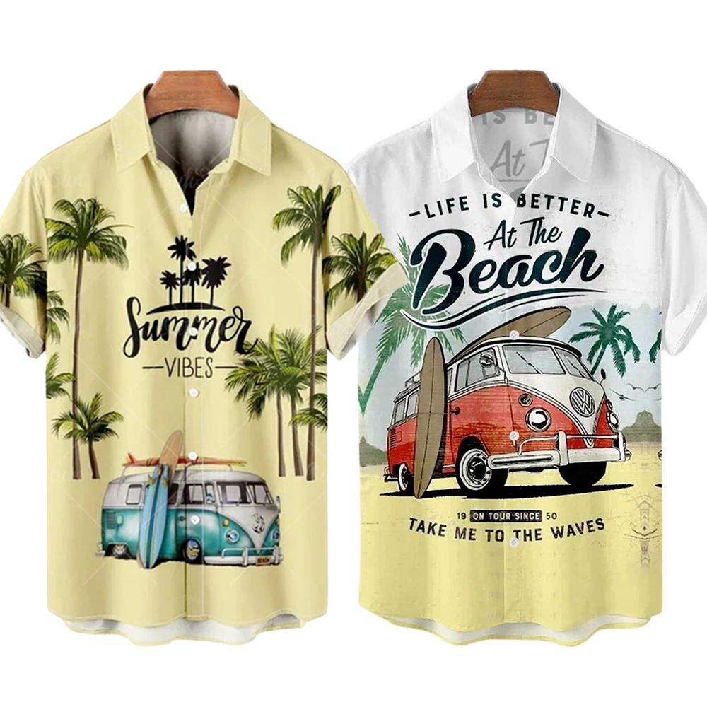 

2024 Men's Fashion Retro Beach Palm Car Printed Short Sleeved Shirt Men's Hawaiian Style Shirt