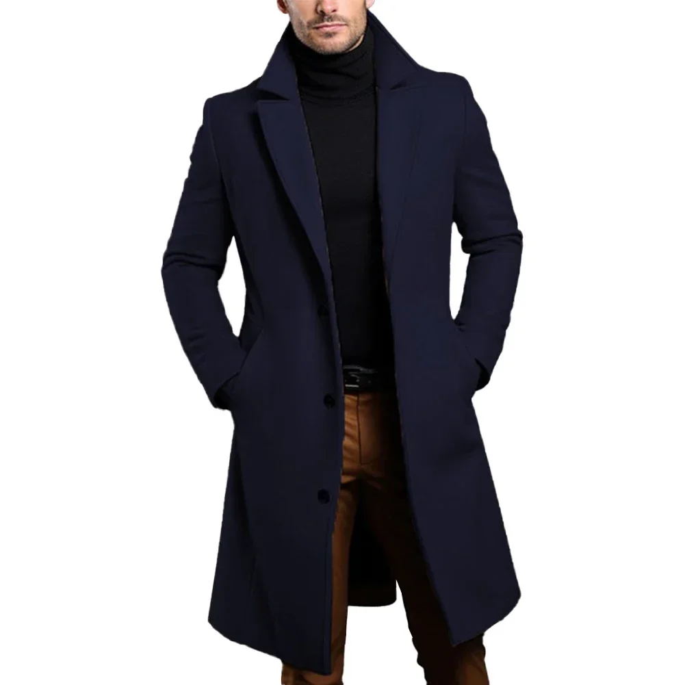 Gabardina negra cálida y cómoda para hombre, abrigo de manga larga con una botonadura, perfecto para otoño e invierno