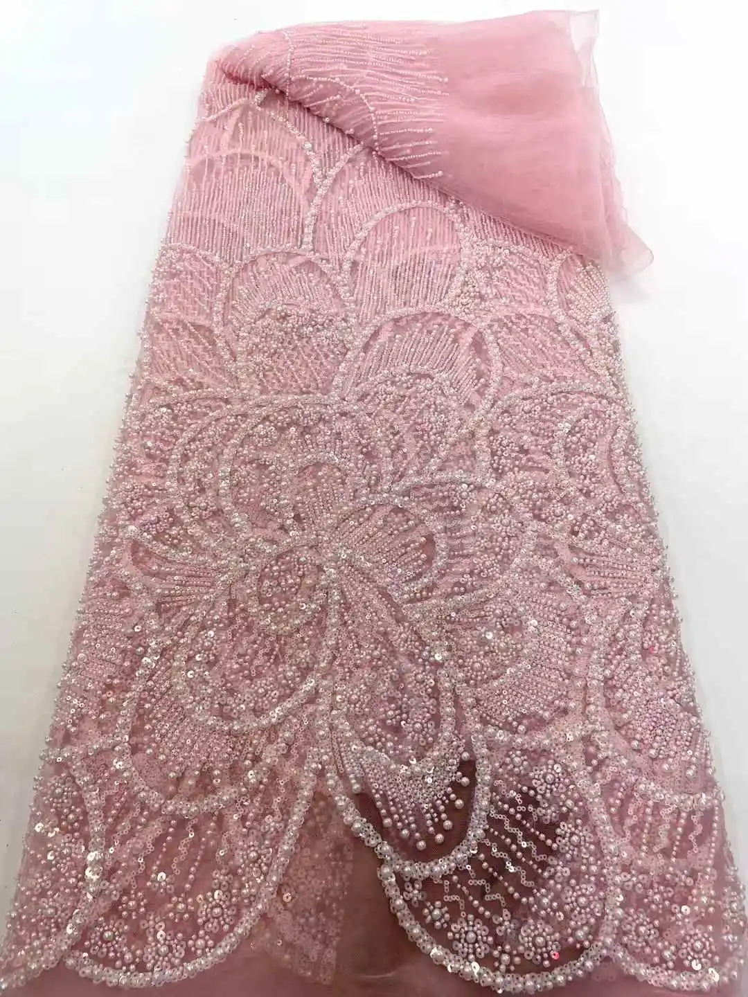French Tulle Beads Lace Fabric African Lace Fabric 2025 Pearls High Quality Nigerian Embroidery Lace Fabric For Wedding Sewing