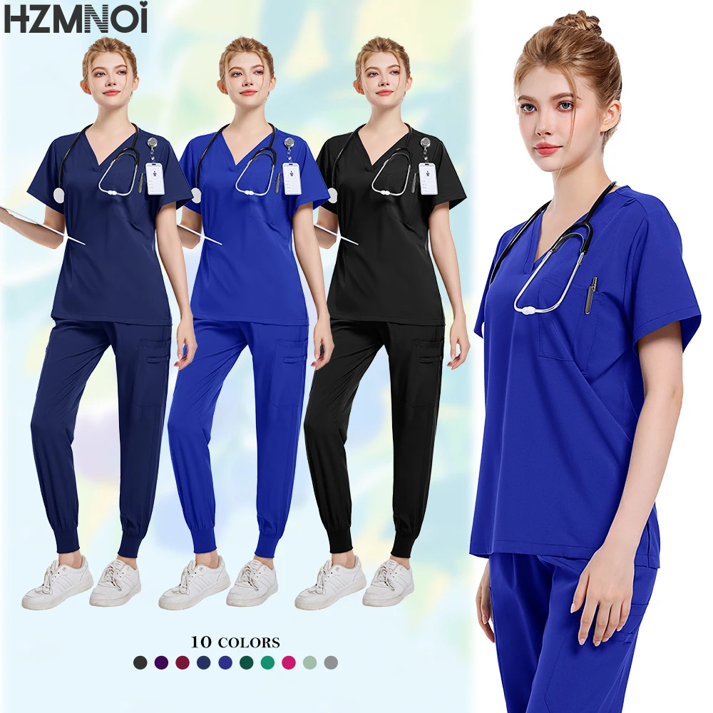 医師ナース手術服女性スクラブセット美容院作業服臨床スクラブトップ + パンツスパ看護チュニックスーツ