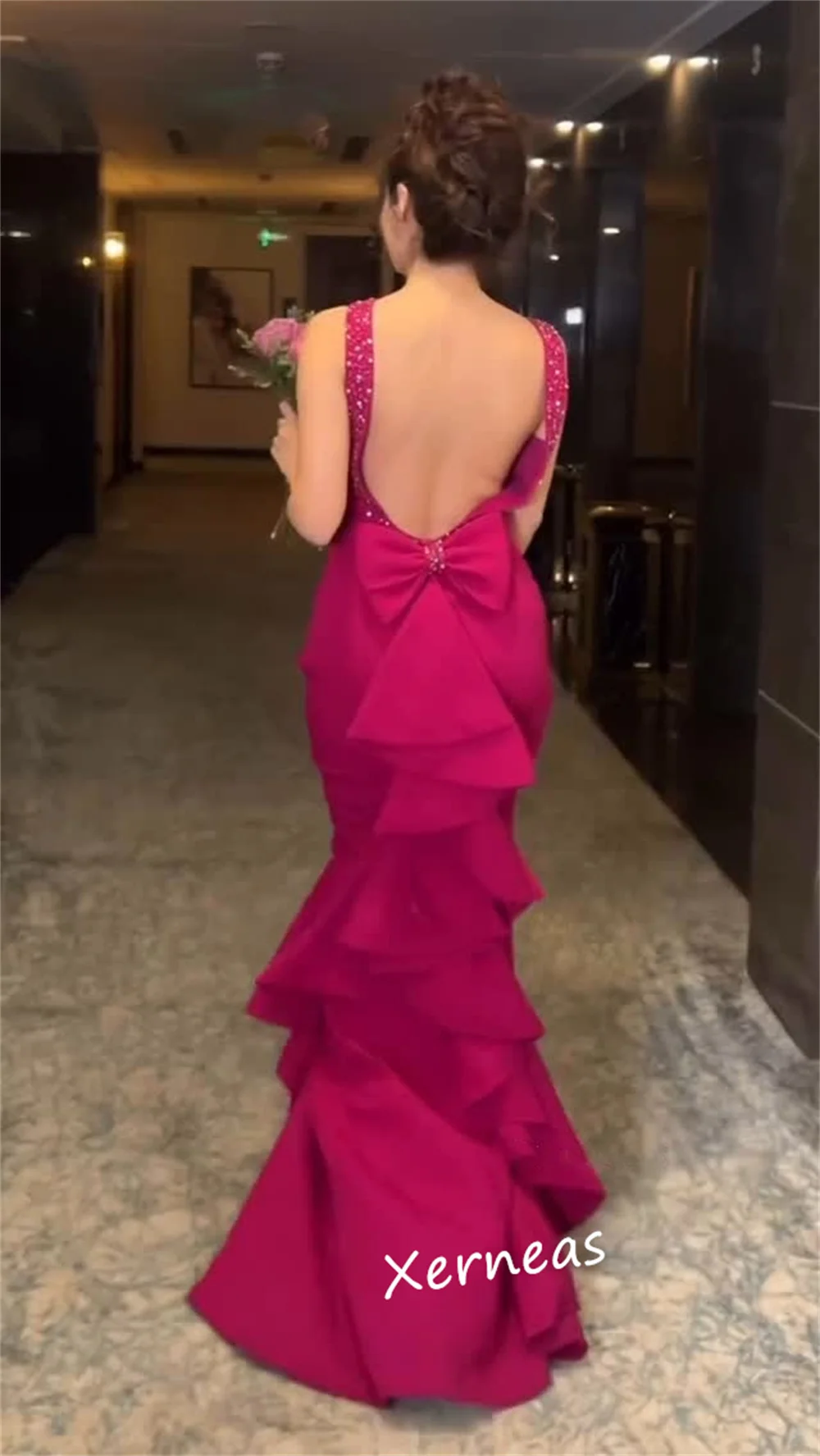 Customized Jersey Sequined Bow O-Neck Mermaid Backless Long Dresses Bespoke Occasion Evening Party Gown Elegant Charming Glitter
