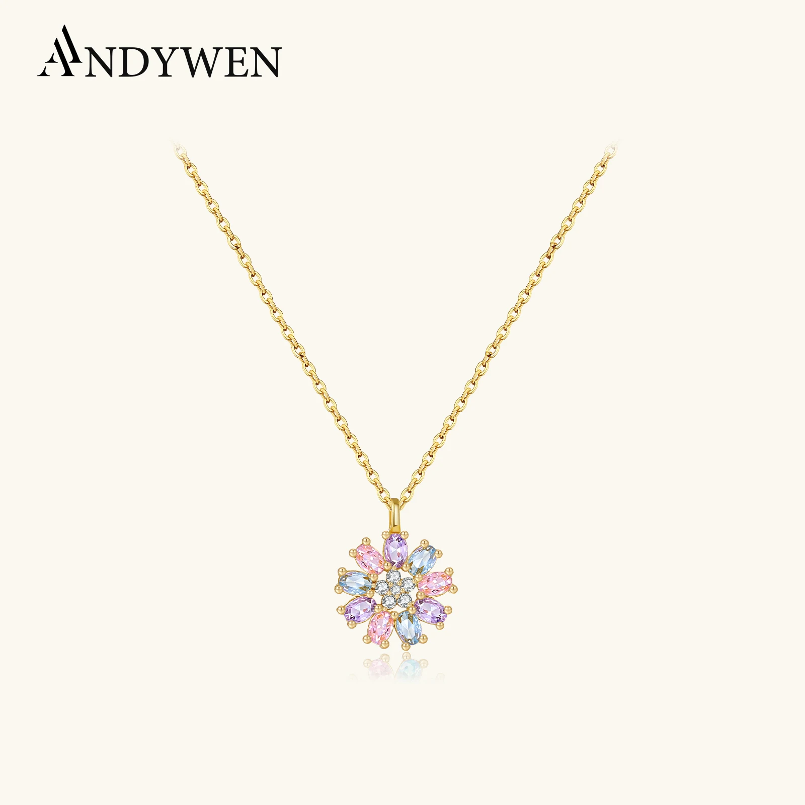 

ANDYWEN стерлингового серебра 925 пробы красочный овальный круглый CZ циркон цветок кулон колье милое роскошное ожерелье для женщин повседневная одежда