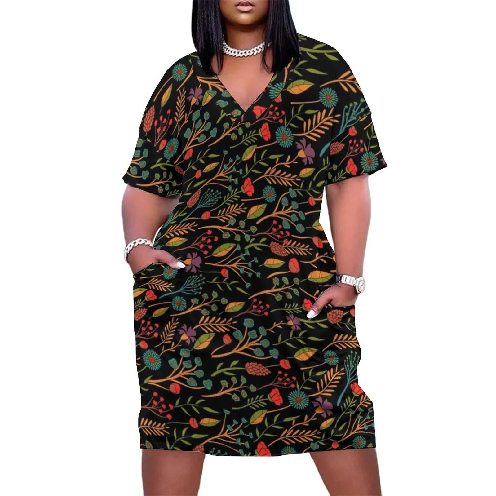 

Teal, Red, Orange, Green, Turquoise & Black Floral Pattern Loose Pocket Dress Cocktail of dresses Dresses