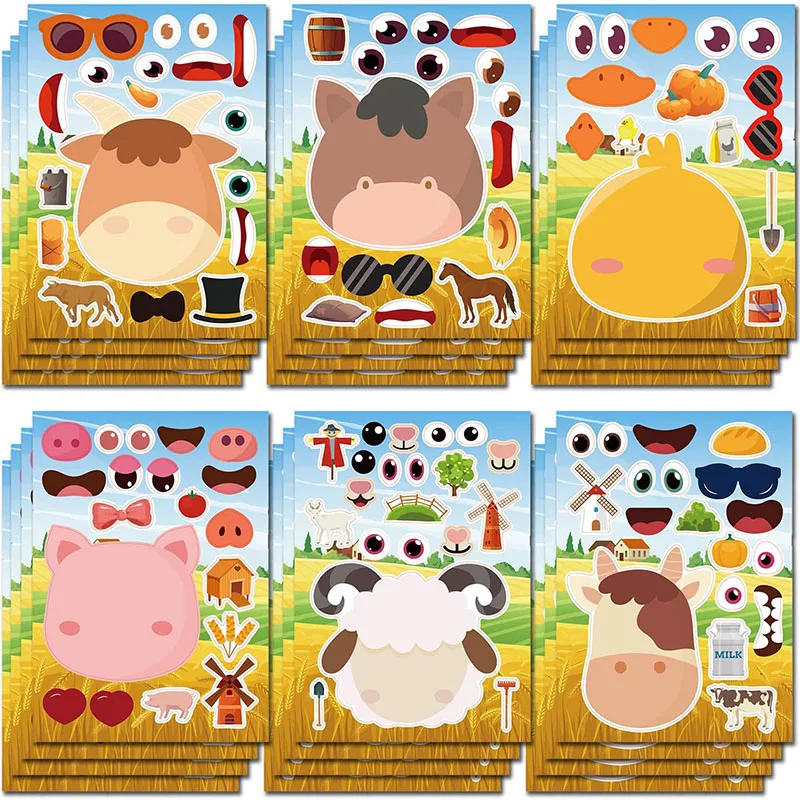 Cute Cartoon Farm Animal Sticker Sheets for Kids, Creative Make a Face Puzzle, combinação de características faciais, DIY, crianças