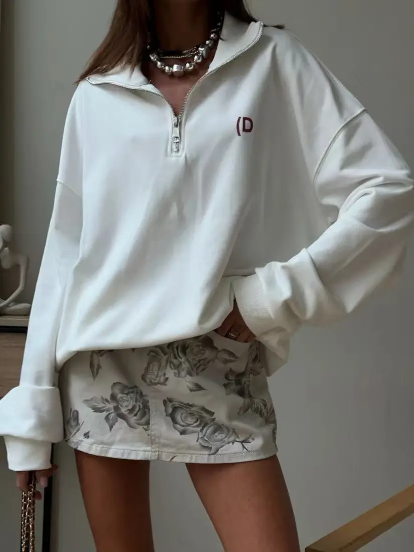 พิมพ์หลวมและอเนกประสงค์สาวร้อนขี้เกียจยุโรปและสไตล์อเมริกันฤดูใบไม้ร่วงและฤดูหนาวLapelครึ่งซิปอินเทรนด์Hoodie Harajuku