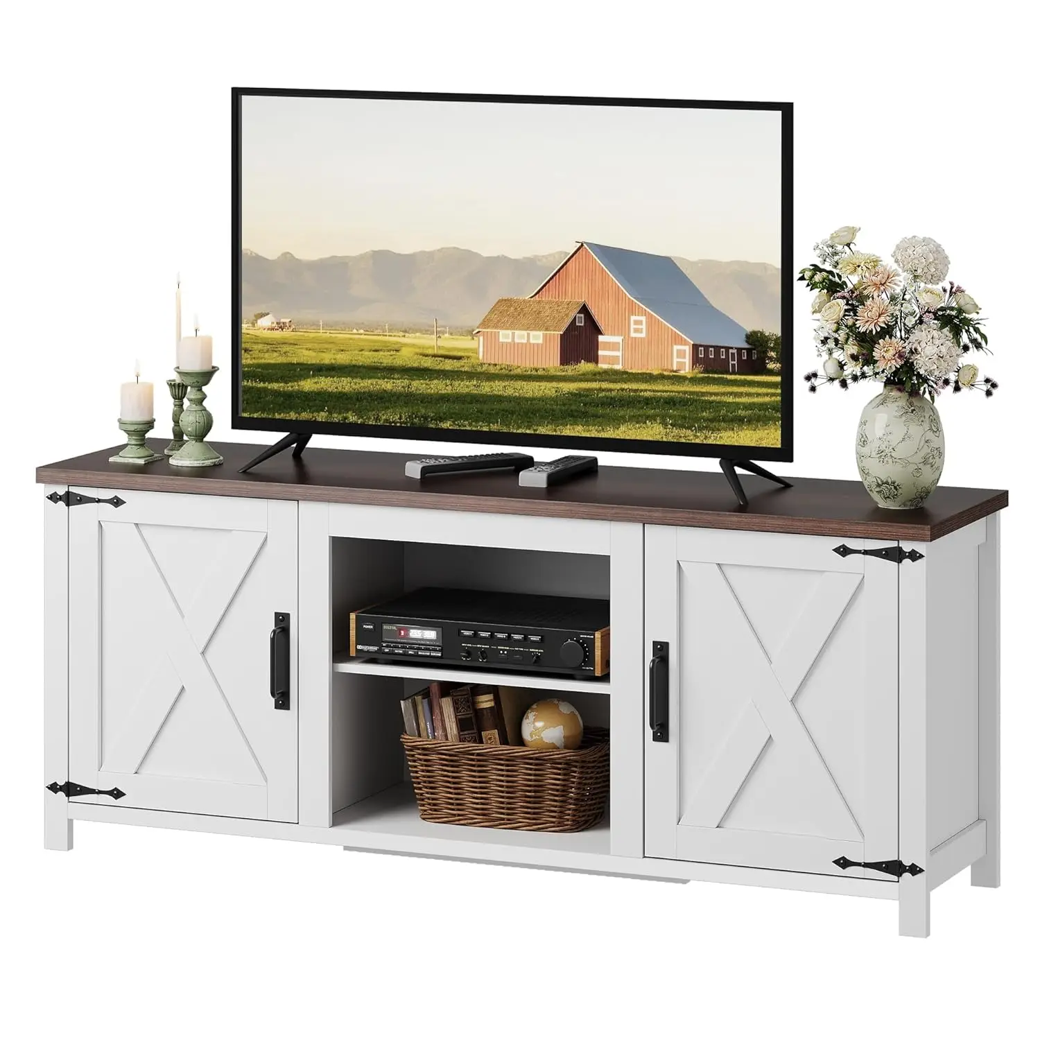Modern Farmhouse TV Stand for TVs up to 65", Entertainment Center with X-Shaped Barn Doors, Large Storage Media TV, Custom