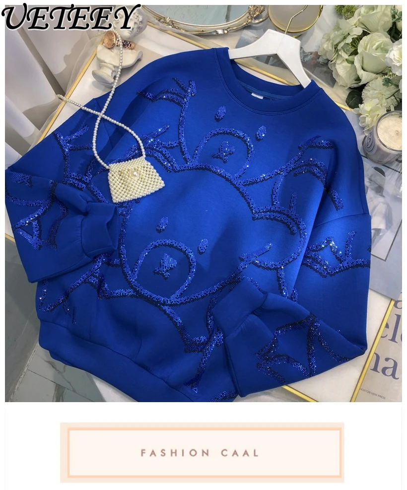 

Niche Design Oversized Sweatshirt 2025 Spring New Loose Casual Women's Hoodies Hot Diamond Cute Cartoon Sweatshirt Top Pullover